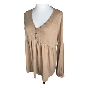 In Loom Babydoll Knit Long Sleeve Tunic Top Size L Tan Peasant Cozy Renaissance